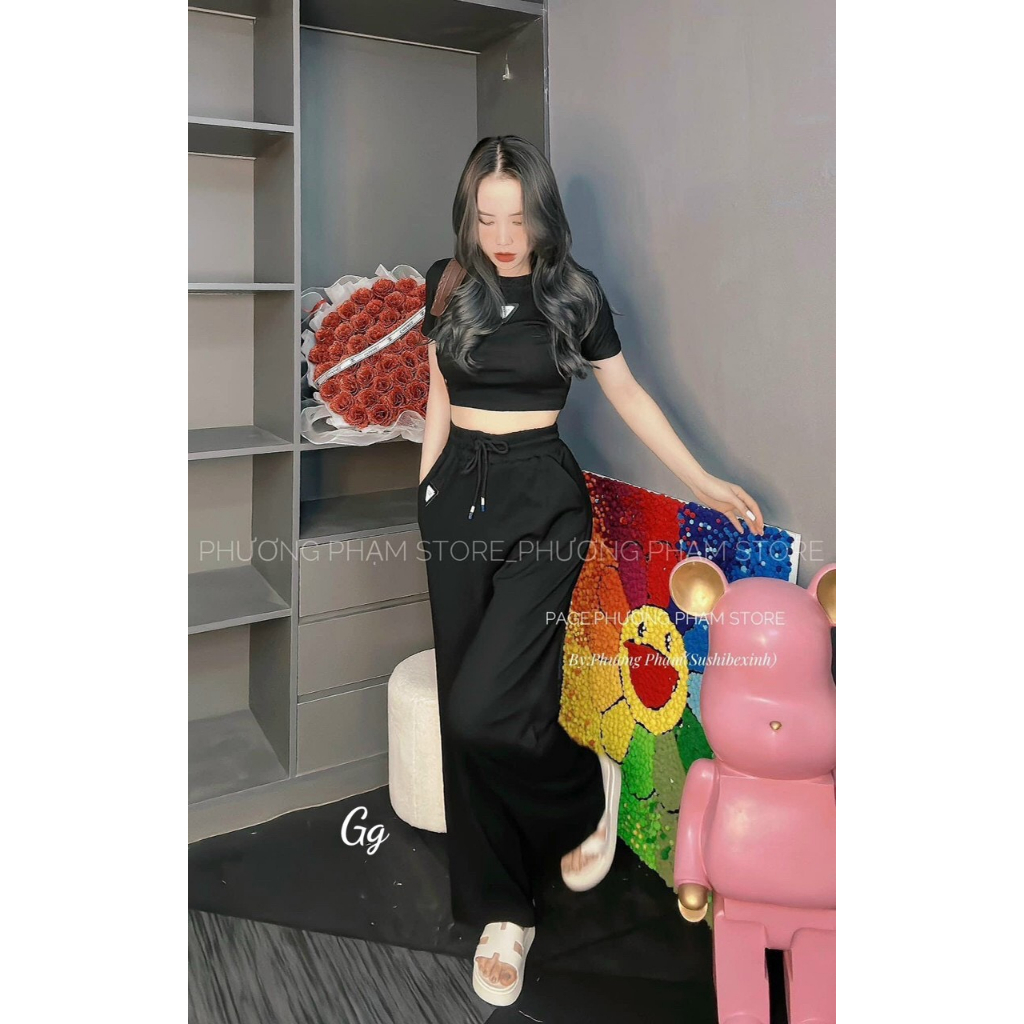 [5.5 Sales Freeship] Set bộ thun nữ quần dài, set bộ thun trơn màu áo croptop in logo mix quấn suông dài cá tính mtb