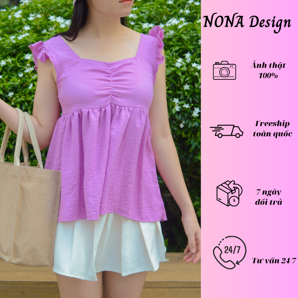 Áo BabyDoll đũi tím dáng phồng dây rút sau lưng dún ngực tay cánh tiên