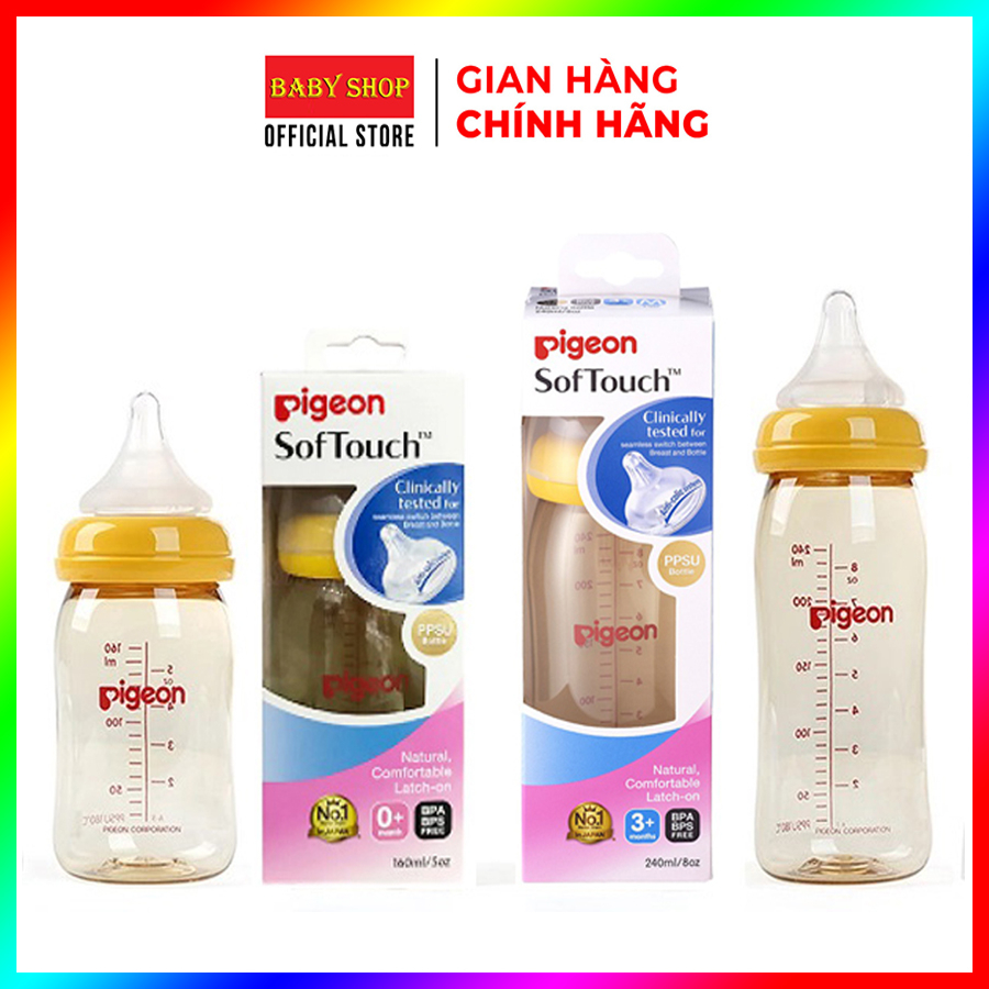 Bình Sữa Cổ Rộng Cao Cấp 160ml/240ml PP Plus Với Núm Vú Silicone Siêu Mềm An Toàn Cho Bé