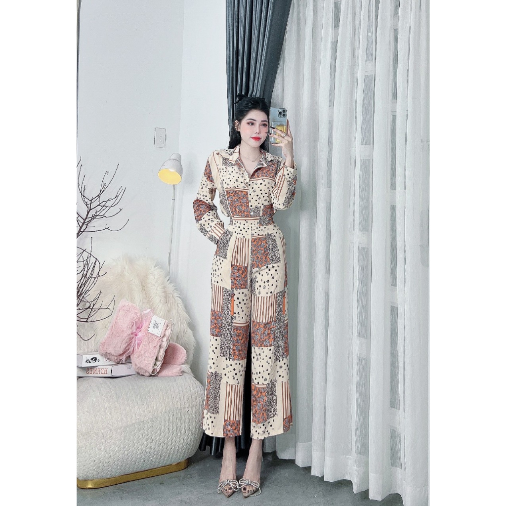 [5.5 Sales Freeship] Set bộ lụa 100d quần dài, set bộ lụa họa tiết thổ cảm áo tay dài phối quần dài ống rộng trẻ trunmtb