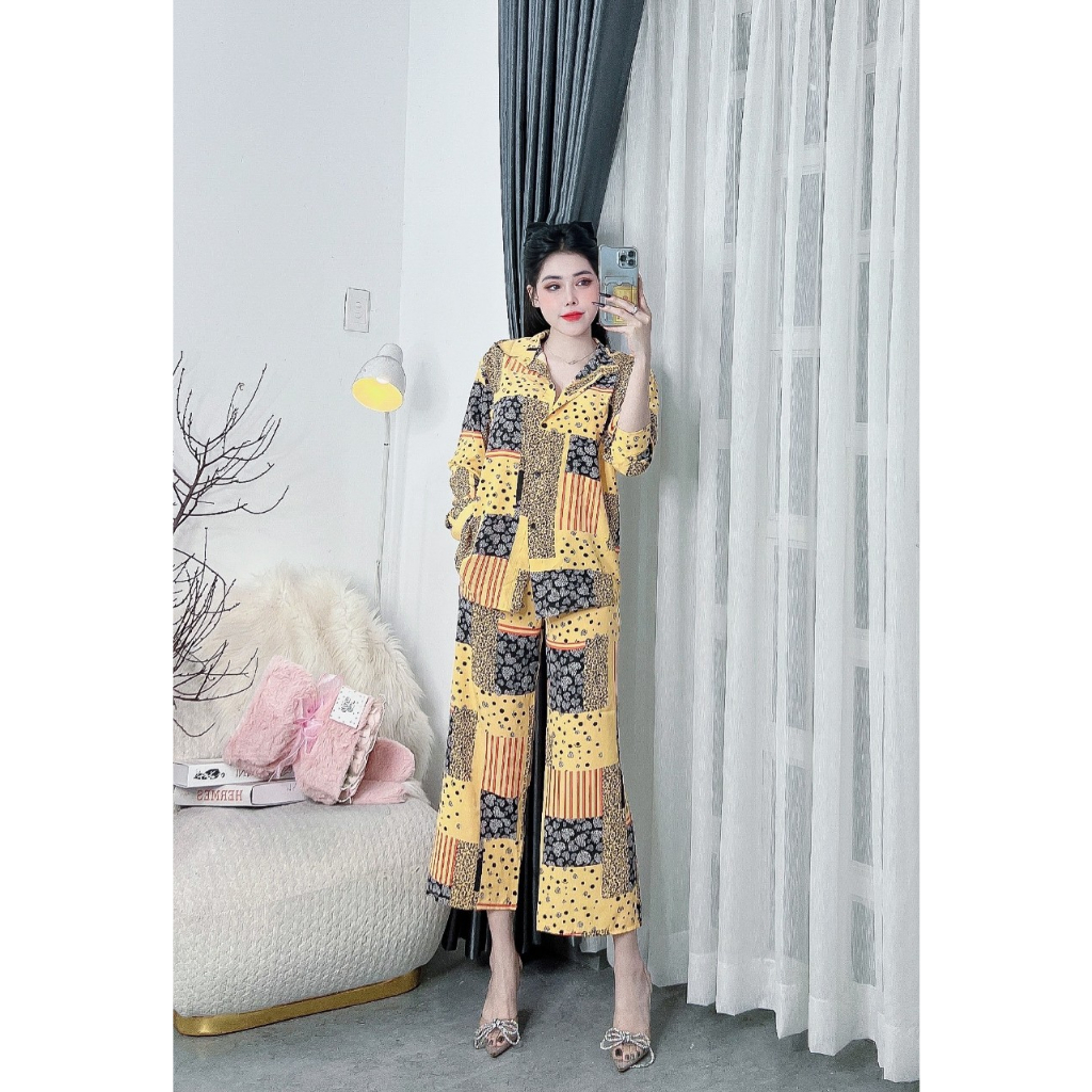 [5.5 Sales Freeship] Set bộ lụa 100d quần dài, set bộ lụa họa tiết thổ cảm áo tay dài phối quần dài ống rộng trẻ trunmtb