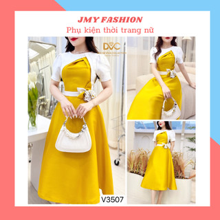 V3507 Váy đầm tafta vàng phối tay trắng đính hoa eo 3D [DVC&ACC] váy vàng tafta dáng A xoè sang chảnh