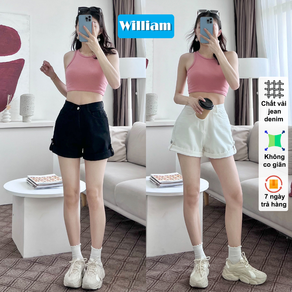 Quần short jean nữ trắng ống rộng có gắn nút khóa, chất jean kaki không co giãn dễ phối đồ William - AT224