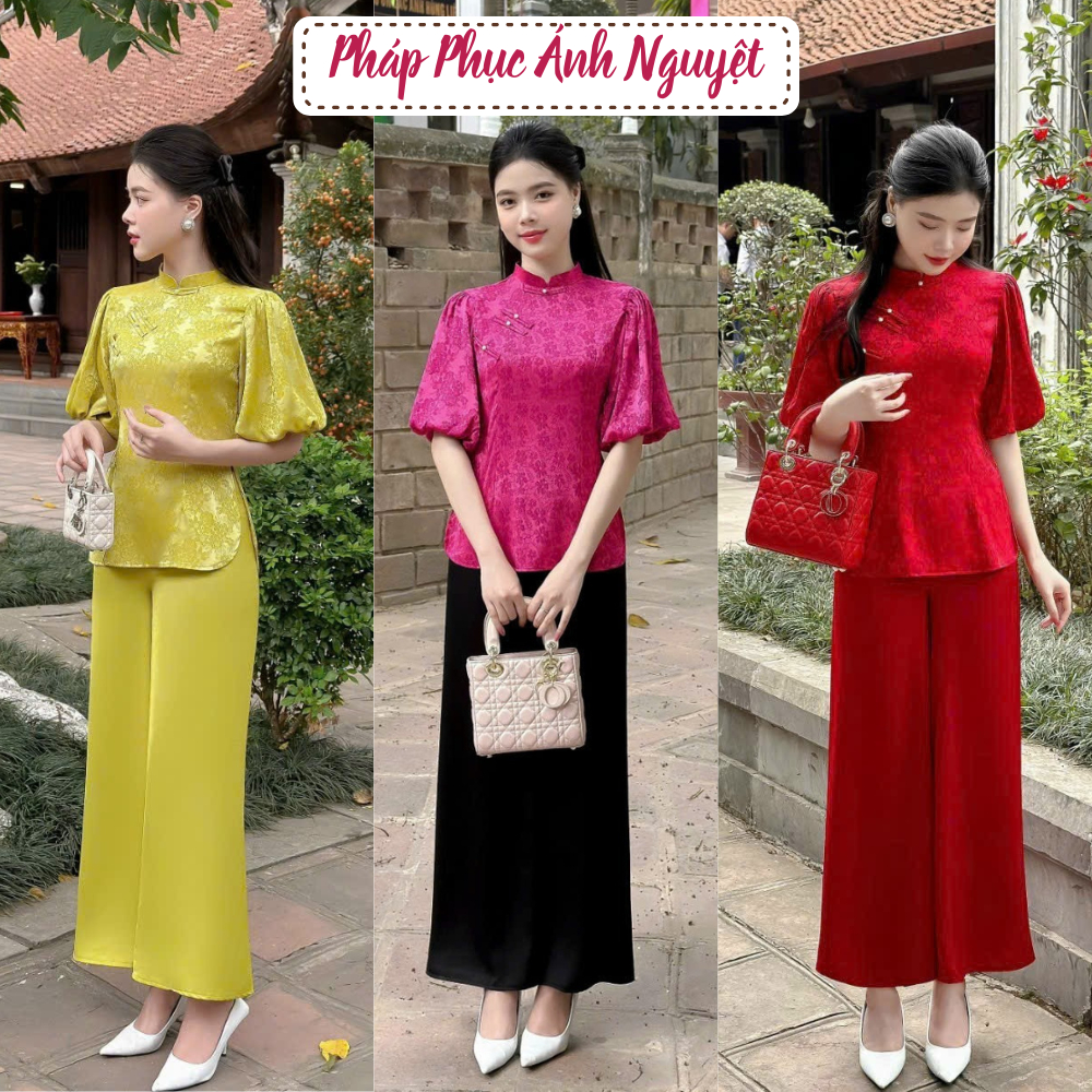 Bộ lễ chùa ngày Phật Đản thiết kế bay bồng cổ tàu kết hợp quần lụa chất liệu lụa vân hoa cao cấp - AN20