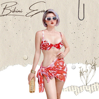 Bikini bộ bơi đồ bơi set 3 món kèm khăn gọng siêu nâng ngực họa tiết tim đỏ EVA S3MGTĐ