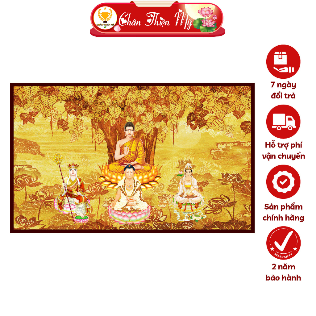 Hào Quang Phật Tây Phương Tam Thánh In Tranh Trúc Chỉ Ngang CHÂN THIỆN MỸ, Trang Trí Bàn Thờ, Treo Phòng Thờ TC-TN-112