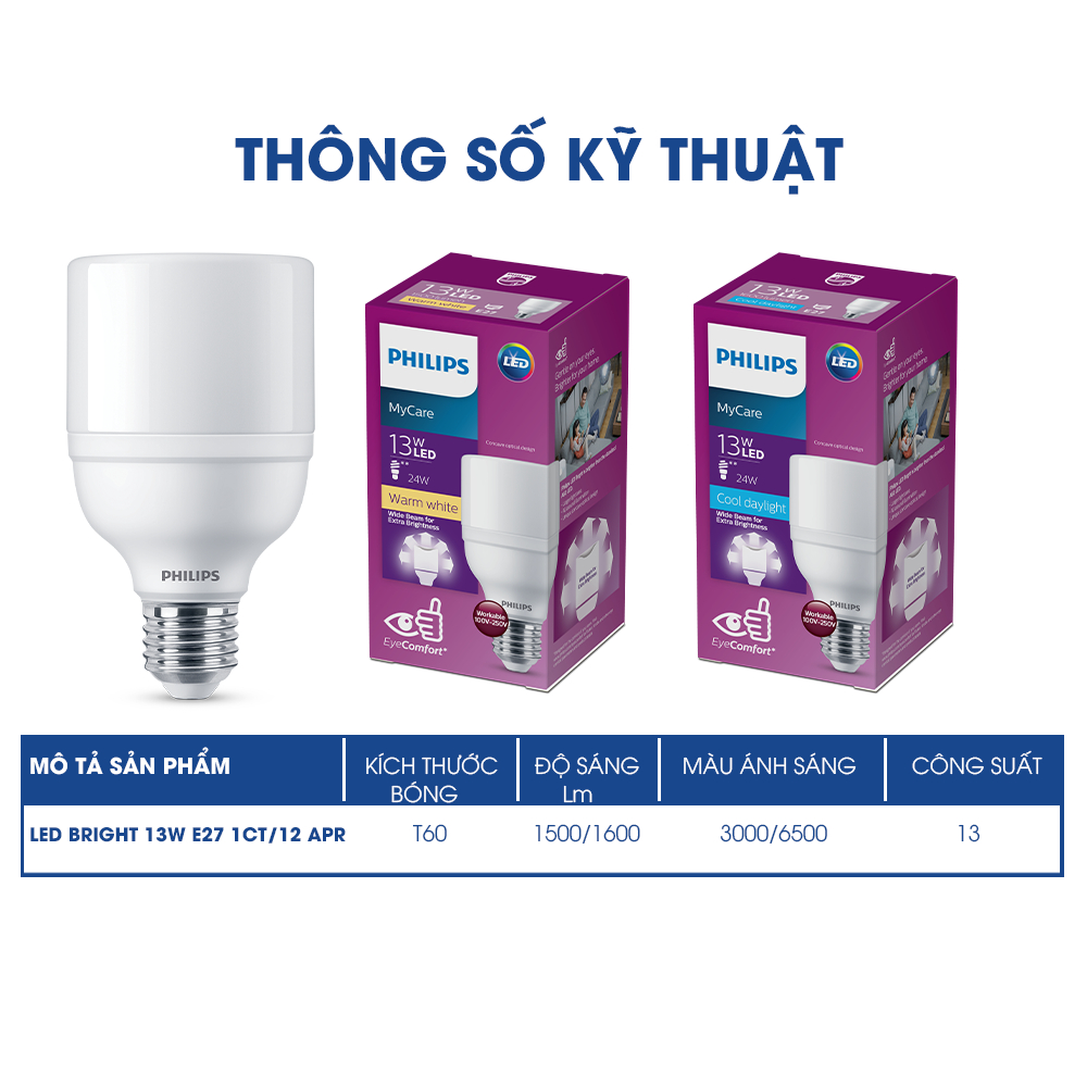 Bóng đèn Philips LED Bright E27ánh sáng vàng, ánh sáng trắng (01 bóng)