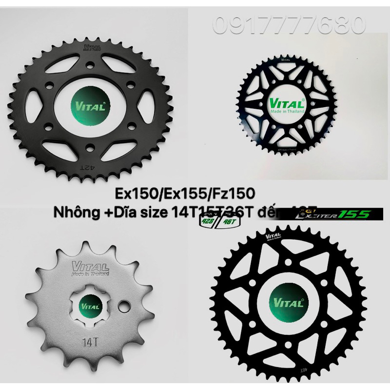 Nhông dĩa tải Exciter 150, Exciter 155, Ex 150, Ex 155, FZ 150 - NSD, Nhông sên dĩa VITAL chính hãng Thái Lan
