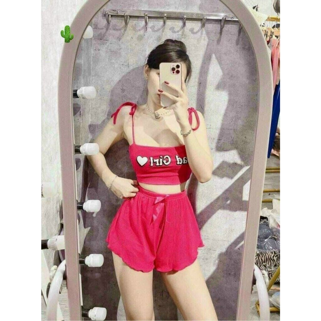 sét bộ áo dây in chữ có mút trong + quần kiểu tôn dáng thun borip chuẩn xịn pc