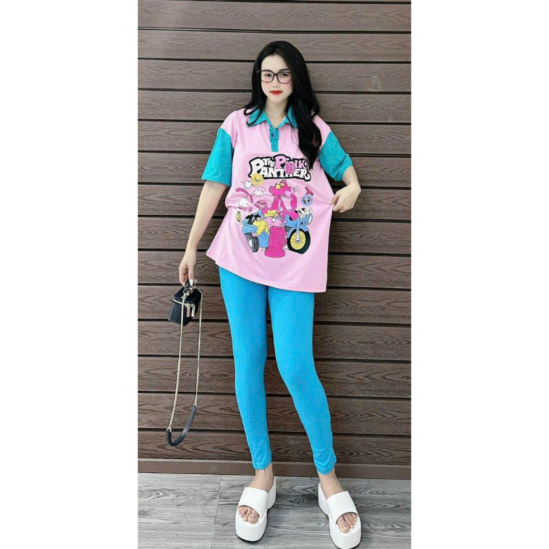 Set Bộ Phông Hoạt Hình Panther Polo Phối Màu + Quần Ôm Dài