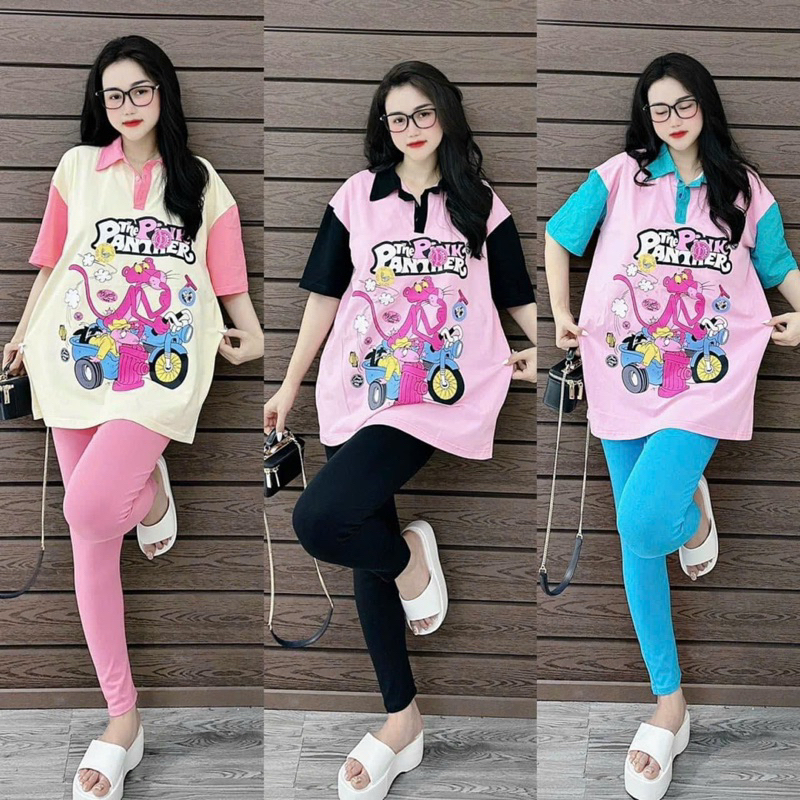 Set Bộ Phông Hoạt Hình Panther Polo Phối Màu + Quần Ôm Dài