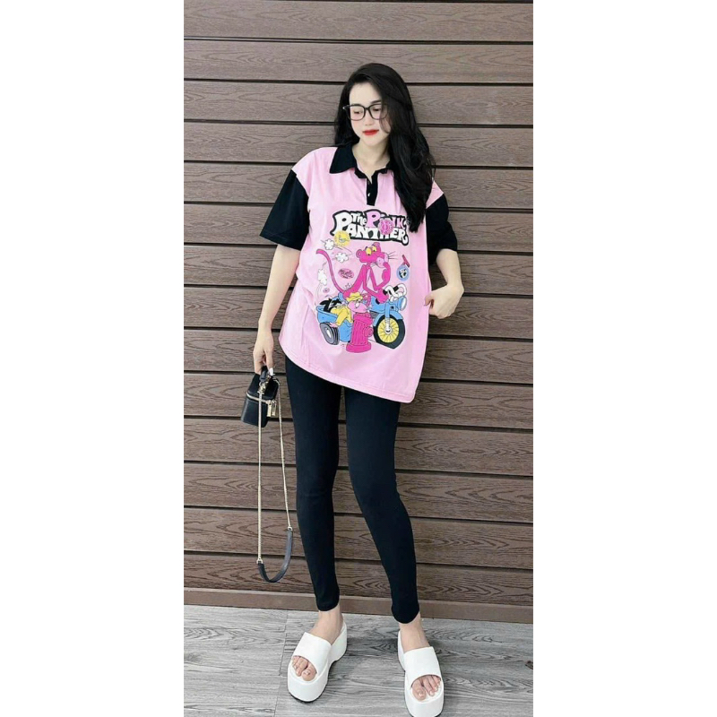 Set Bộ Phông Hoạt Hình Panther Polo Phối Màu + Quần Ôm Dài