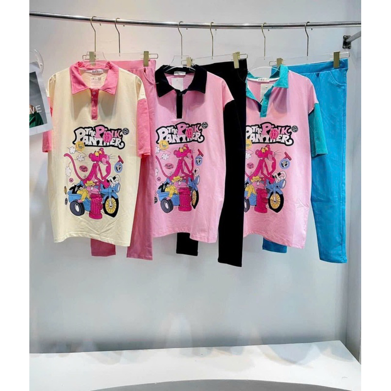 Set Bộ Phông Hoạt Hình Panther Polo Phối Màu + Quần Ôm Dài