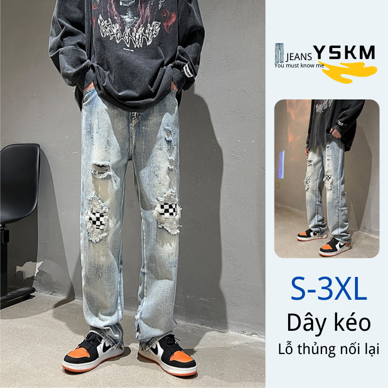 Quần jean Zipper nam xanh,rách gối gấu ống suông rộng chất vải bò cao cấp,quần jeans nam style hàn quốc