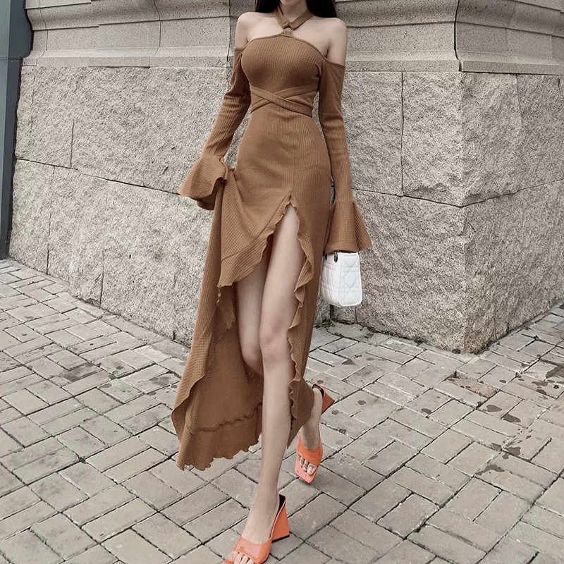 ĐẦM HOTGIRL XẺ TÀ HỞ VAI GỢI CẢM, ĐẦM BODY DÀI XẺ TÀ CỔ YẾM ĐẦM ÔM BODY XẺ ĐÙI