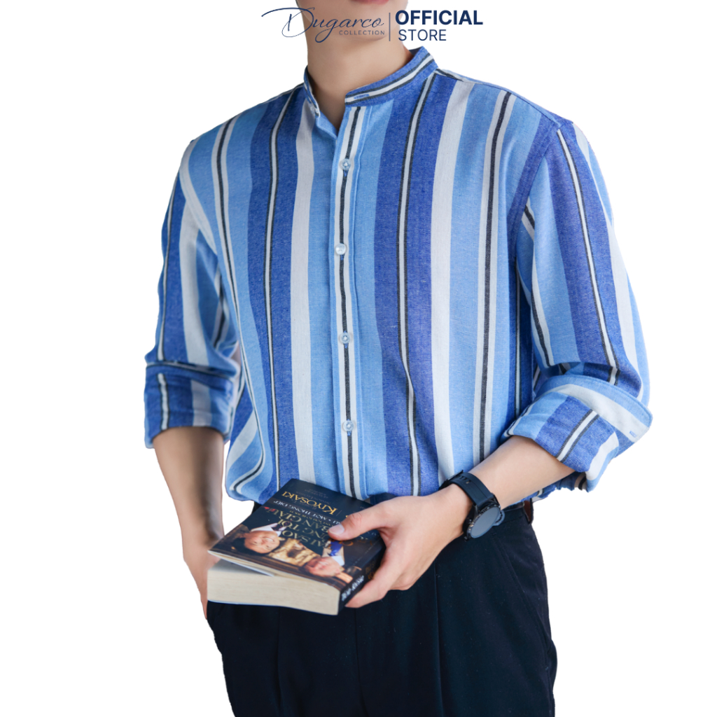 Áo Sơ Mi Nam Cổ Tàu Dugarco Vải Linen Dài Tay Họa Tiết Kẻ To Dáng Casual Style Hàn Quốc