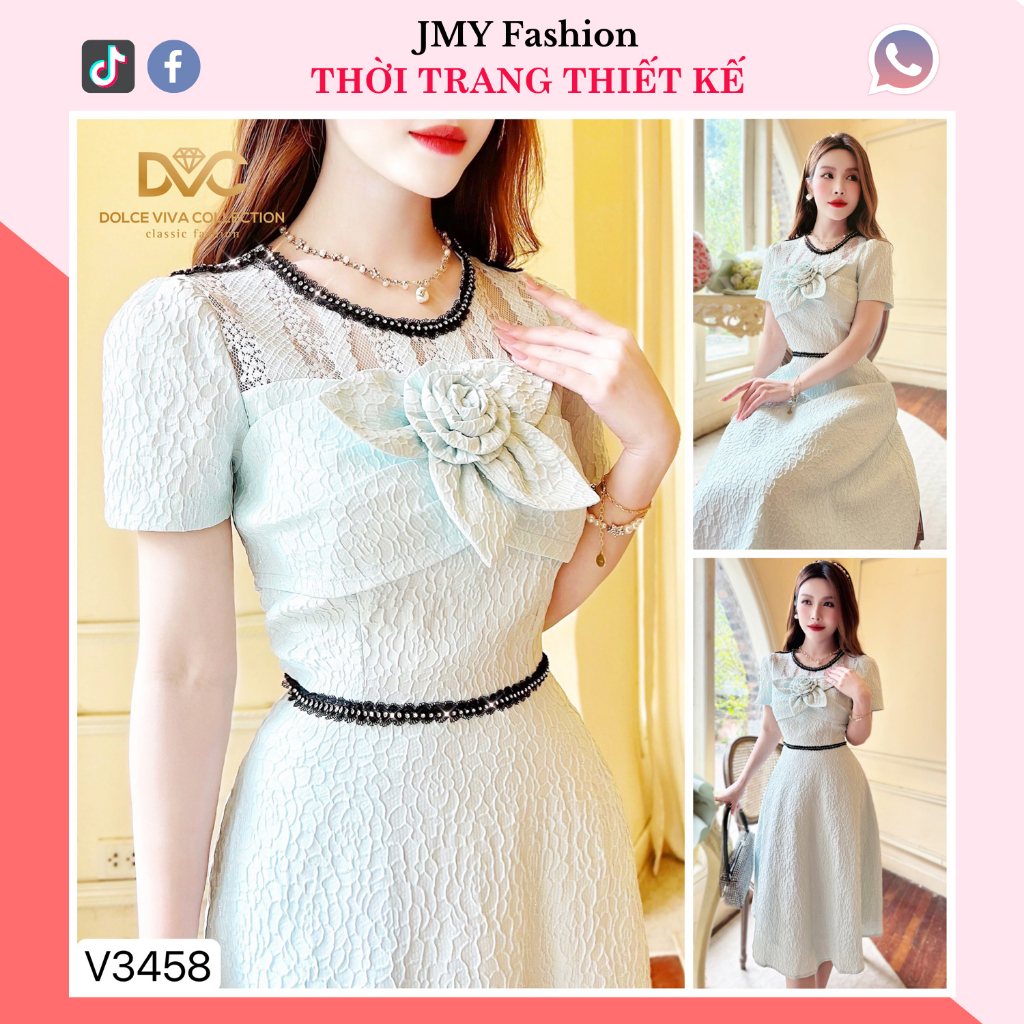 váy gấm phối cổ ren xanh mint nhẹ nhàng