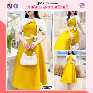V3507 Váy vàng tafta dự tiệc dáng A xoè [DVC&ACC] váy vàng phối tay trắng đính hoa eo