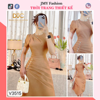 V3515 Váy ôm A nâu tây nhún eo váy đầm dáng A dài thiết kế