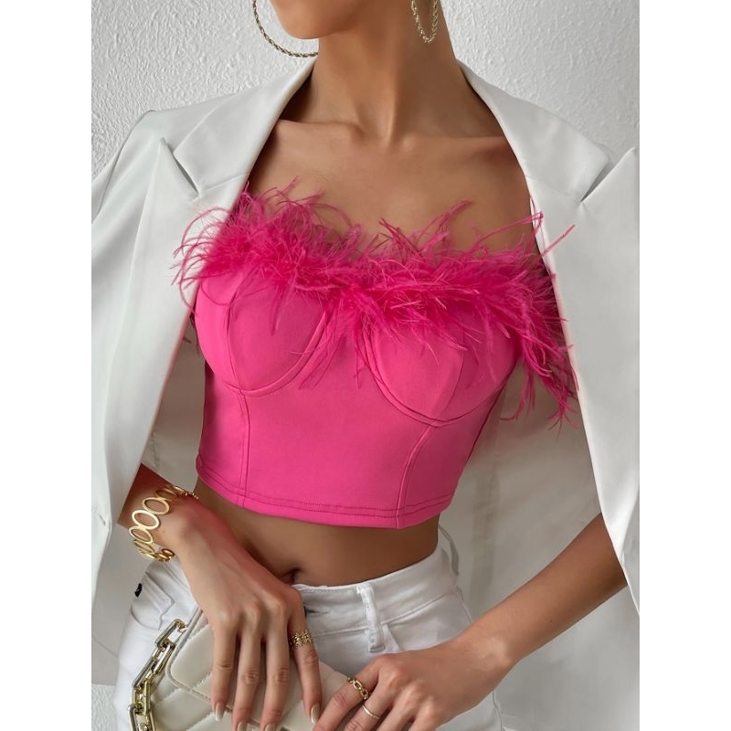 Áo ống/ Áo quây croptop phối lông cao cấp có khóa kéo sau lưng 5 màu trendy đi tiệc sang trọng sexy quyến rũ cho nữ 🎀