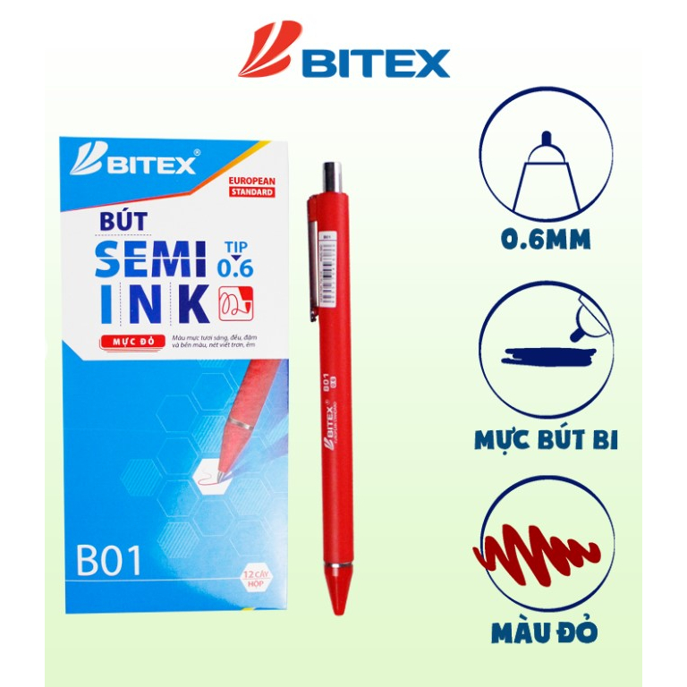 Bút bi Bitex B-B01 Nét 0.6mm Semi ink nhiều màu mực