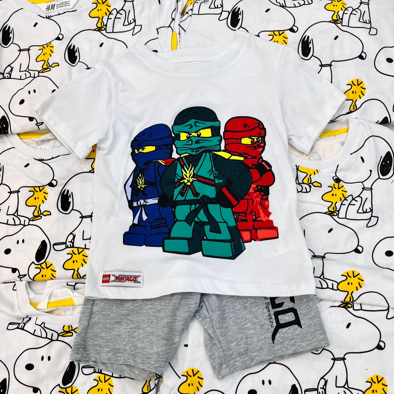 Bộ thun cộc tay cotton HM xuất dư cho bé trai Hoạ tiết Ninja trắng - SH10