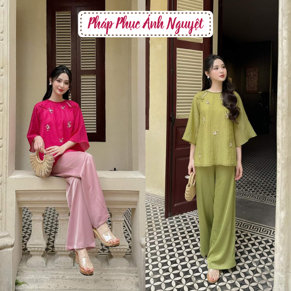 Bộ đồ đi lễ chất liệu tơ nhăn cao cấp, cổ tròn, tay lỡ, thêu hoa xinh xắn màu xanh và hồng, đủ size - AN01