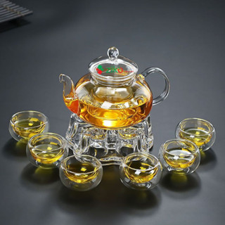 Bộ Ấm Trà Thuỷ Tinh Hoa Cúc 6 Chén Và Đế Nến