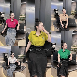 Áo sơ mi đũi cộc tay lật thêu gấu b75