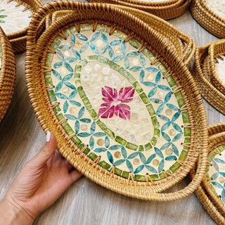 Khay khảm trai hình oval ,khay bầu dục có tay cầm tinh xảo đan thủ công mây tre mỹ nghệ truyền thống,