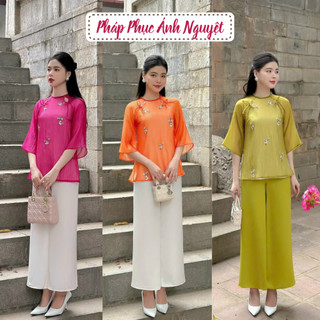 Trang phục lễ chùa cổ tròn thêu hoa chất liệu voan 2 lớp cao cấp, thiết kế thanh tao dịu dàng - AN15