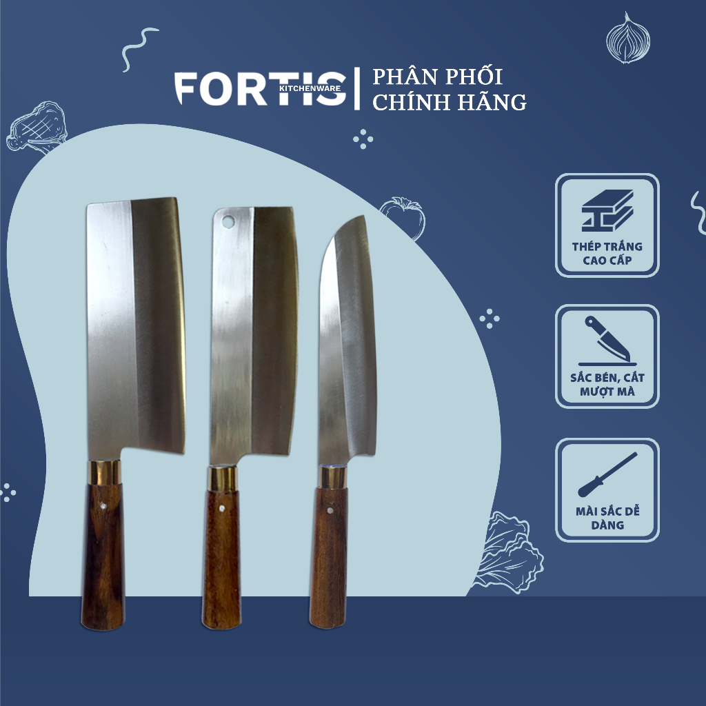 Bộ dao nhà bếp 3 món chặt, thái, gọt hoa quả thép trắng cứng cáp chống gỉ, chuôi gỗ cao cấp (BDB03)