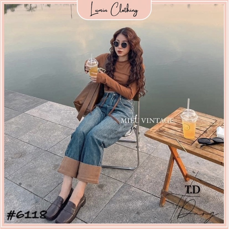 Quần bò xắn gấu phối màu nâu siêu lạ mắt - Jean denim ống đứng gấp gấu nâu độc đáo cực hack dáng