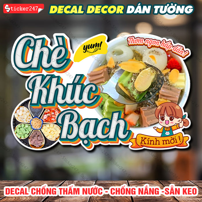 Decal Trang Trí Chè Khúc Bạch🌈 Hình Dán Chè Decor Trang Trí Tiệm Chè, Quán Trà Sữa - Decal Dán Tường Chống Nước