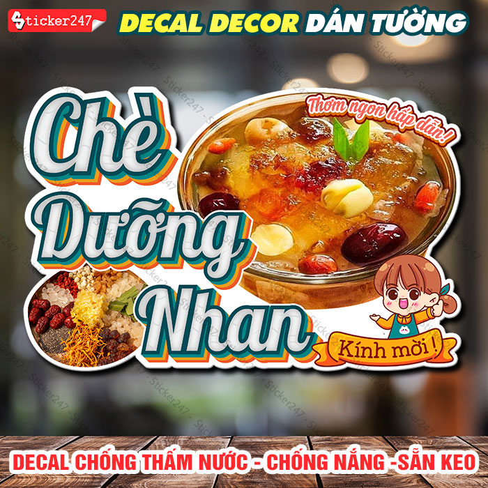 Decal Trang Trí Chè Dưỡng Nhan 🌈 Hình Dán Món Chè Dưỡng Nhan Decor Trang Trí Quán Trà Sữa - Decal Dán Tường Chống Nước