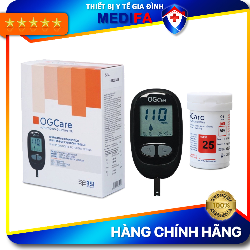 Máy Đo Đường Huyết Ogcare Tự Động Nhận Mã Que, Thao Tác Nhanh Gọn Kèm 25 Que Thử & 25 Kim Chích Máu