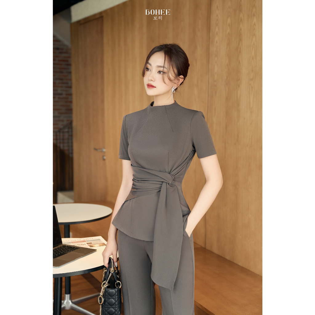 Set áo vạt xoắn + quần dài màu ghi - Sb29
