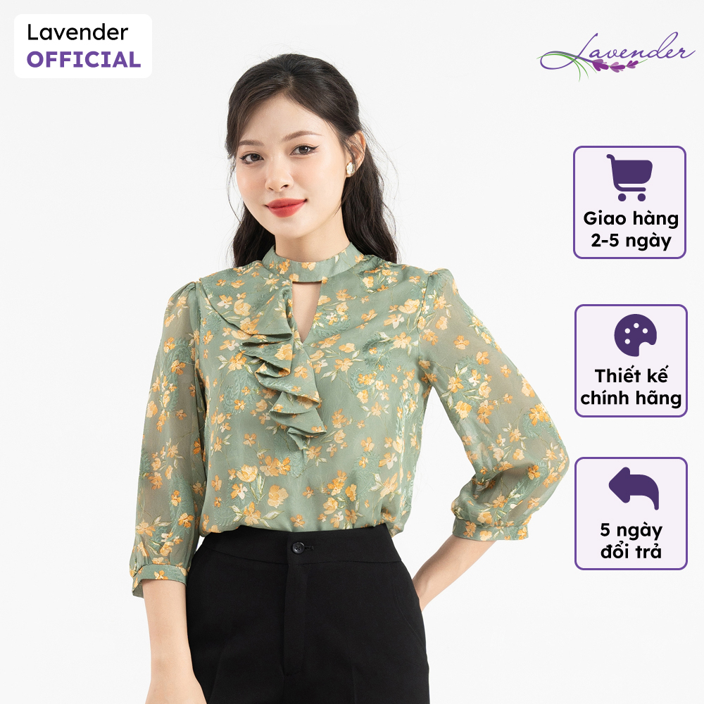 Áo sơ mi công sở nữ LAVENDER cổ trụ hoa xanh phối bèo tay lỡ A2793