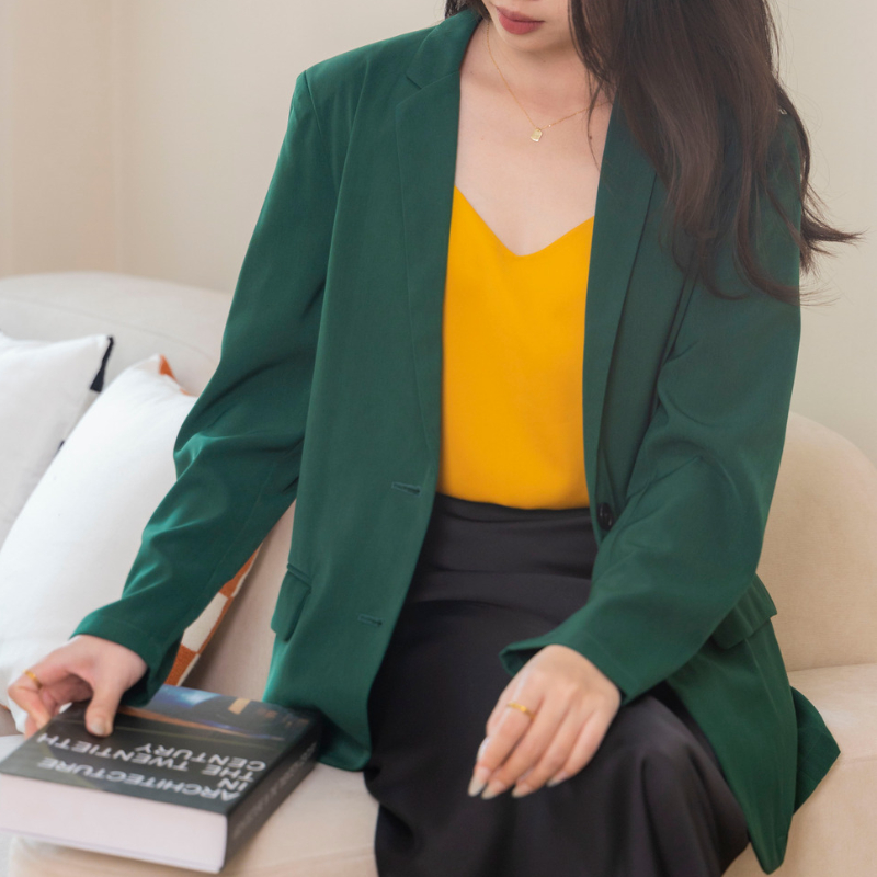 Áo blazer nữ áo vest nữ màu xanh Khàn form chuẩn đẹp hai nút bố lụa khoác công sở tay dài 1 lớp phong cách Hàn Quốc