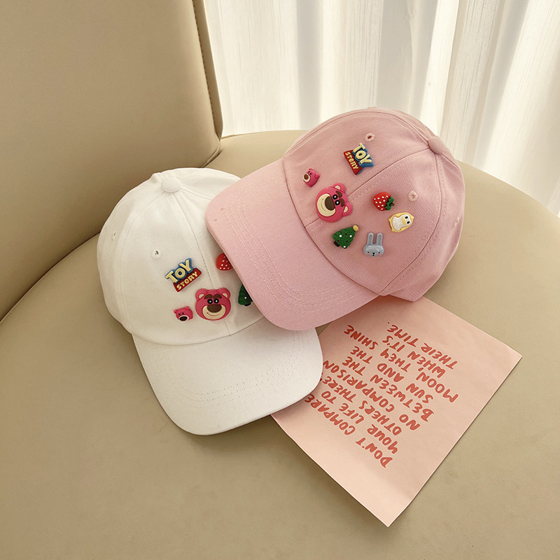 Mũ Lưỡi Trai Vải Cotton Họa Tiết Gấu Và Dâu Mũ chống nắng thông thường cho trẻ em, mũ bóng chày vành rộng 50-54 cm