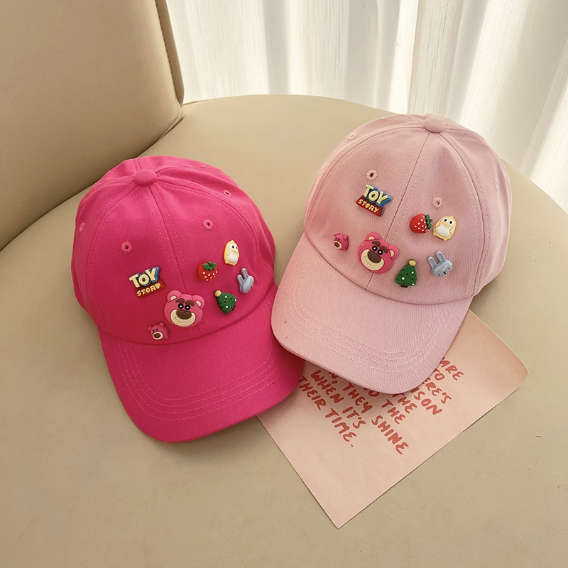 Mũ Lưỡi Trai Vải Cotton Họa Tiết Gấu Và Dâu Mũ chống nắng thông thường cho trẻ em, mũ bóng chày vành rộng 50-54 cm