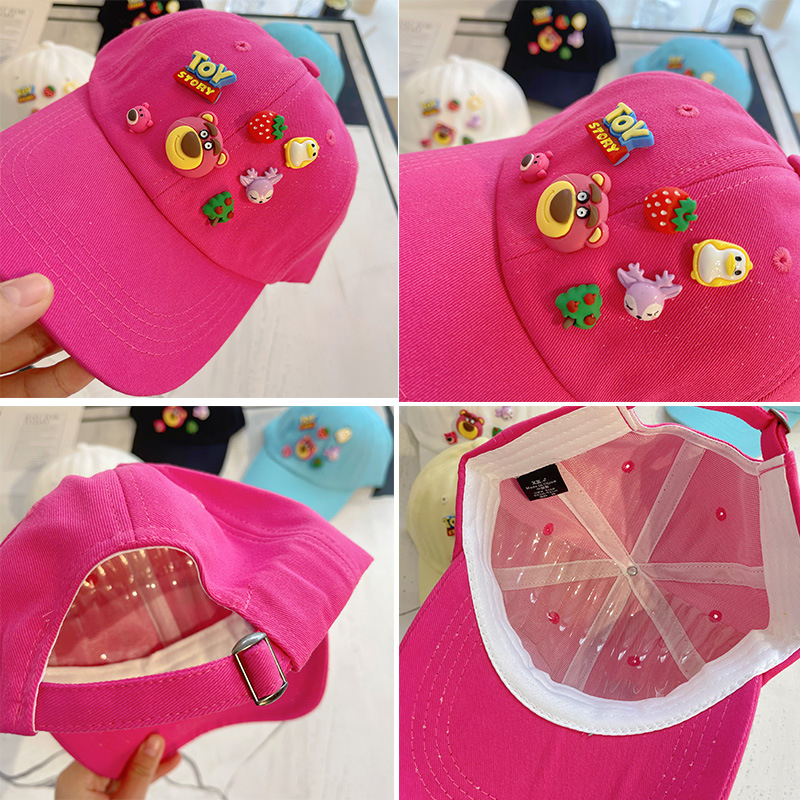 Mũ Lưỡi Trai Vải Cotton Họa Tiết Gấu Và Dâu Mũ chống nắng thông thường cho trẻ em, mũ bóng chày vành rộng 50-54 cm