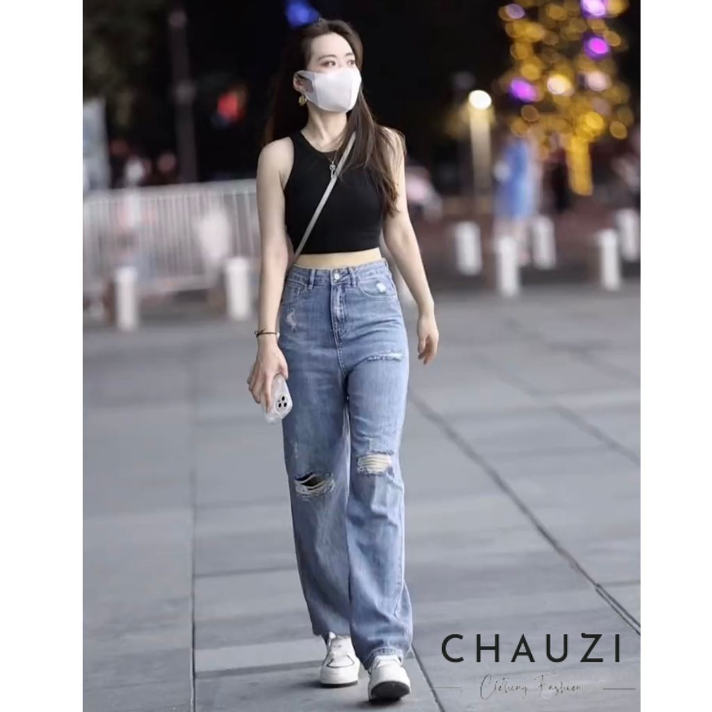 Quần jean nữ CHAZI quần bò rách gối ống xuông rộng cao cấp style hàn quốc hottrend 2023 QN20