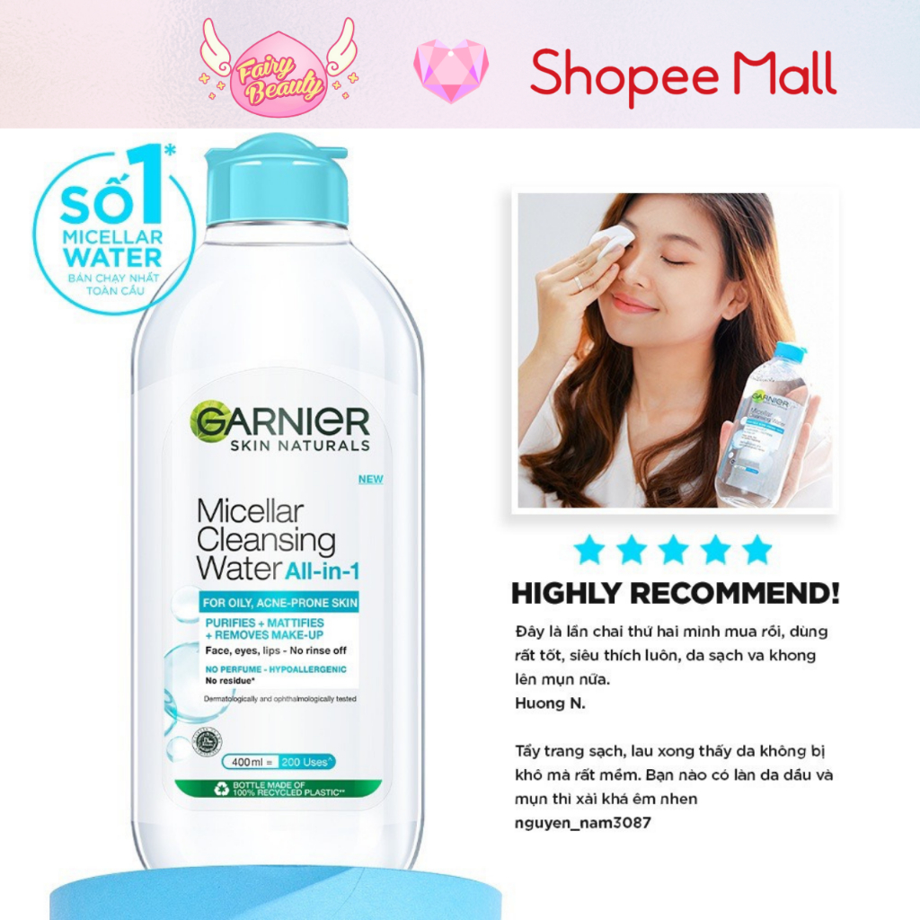 [GARNIER] Nước Tẩy Trang Cho Da Dầu Mụn,Hỗn Hợp Làm Sạch Sâu Dịu Nhẹ Micellar Water For Oily & Acne-Prone Skin 400/125ml