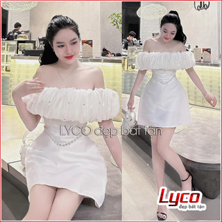 Đầm bẹt vai bèo tơ nhún bồng đính đá, eo váy khâu dây đá tỉ mỉ thời trang chất vải Tafta cao cấp