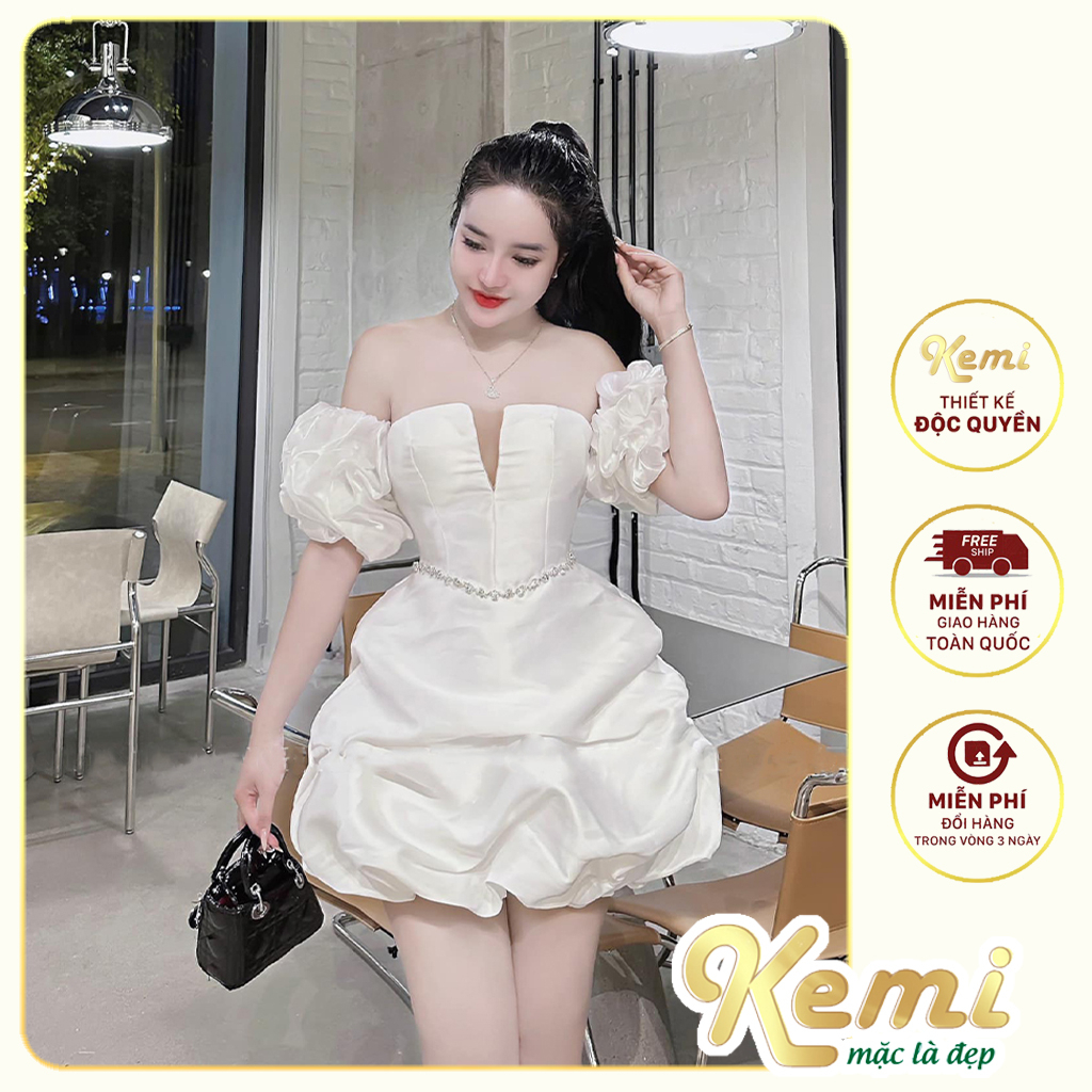 Váy công chúa trễ vai xẻ ngực tay bèo dáng đầm bồng bí chất Tafta dây đá cao cấp khâu eo Kemi