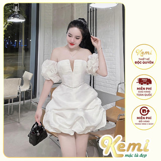 Váy công chúa trễ vai xẻ ngực tay bèo dáng đầm bồng bí chất Tafta dây đá cao cấp khâu eo Kemi