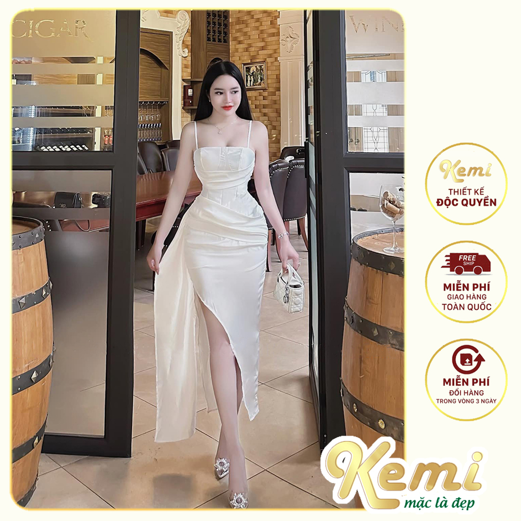 Đầm đi tiệc body 2 dây dáng dài chân váy xẻ tà kèm dải lụa thướt tha duyên dáng Kemi