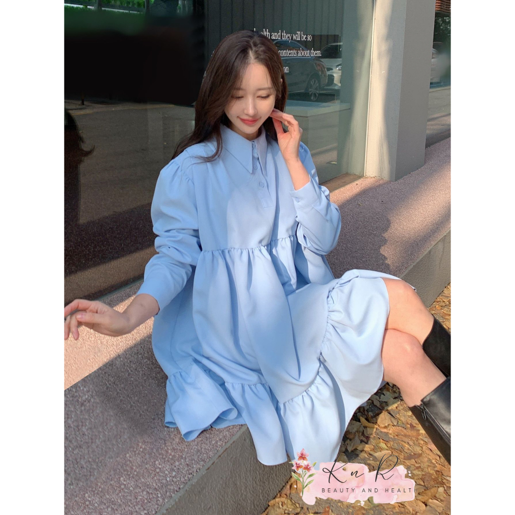 Đầm babydoll cổ sơ mi tiểu thư màu xanh ngọc tay dài, kiểu Hàn Quốc