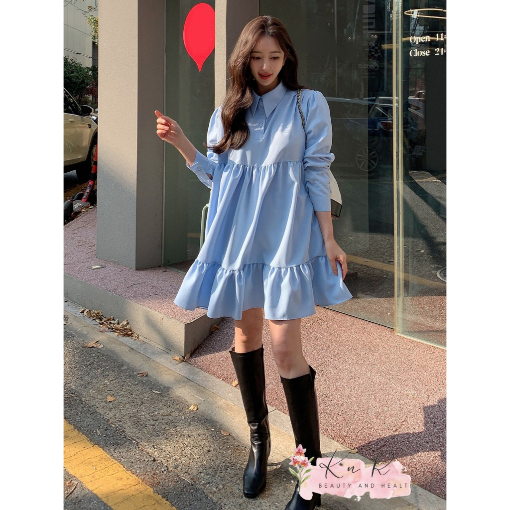 Đầm babydoll cổ sơ mi tiểu thư màu xanh ngọc tay dài, kiểu Hàn Quốc